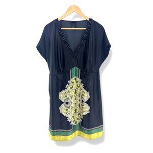 Lane‎ Bryant Beaded V-Neck Shiny Black Long Top Blouse Size 22 3X Plus Shirt